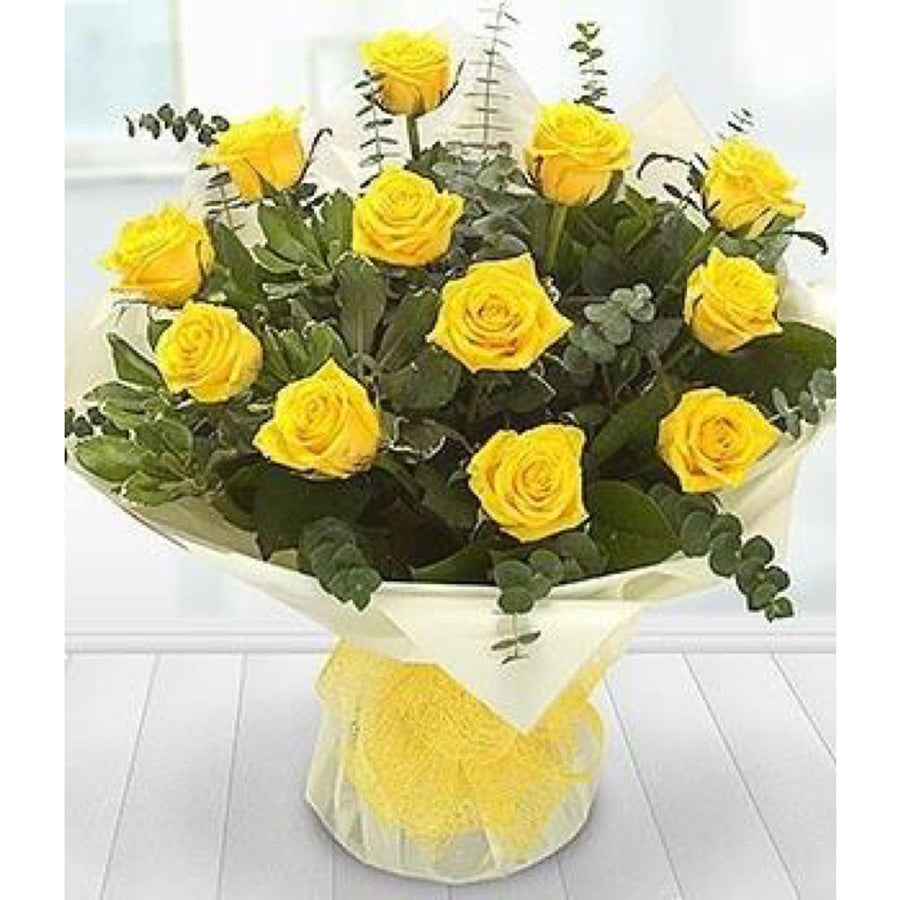 Yellow roses and eucalyptus bouquet