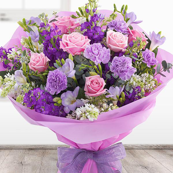 Pink Roses & Purple Lisianthus Bouquet