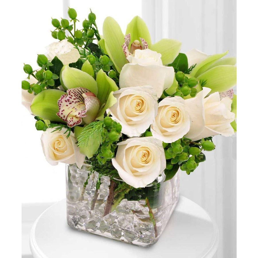 Green Cymbidium & White Roses Arrangements